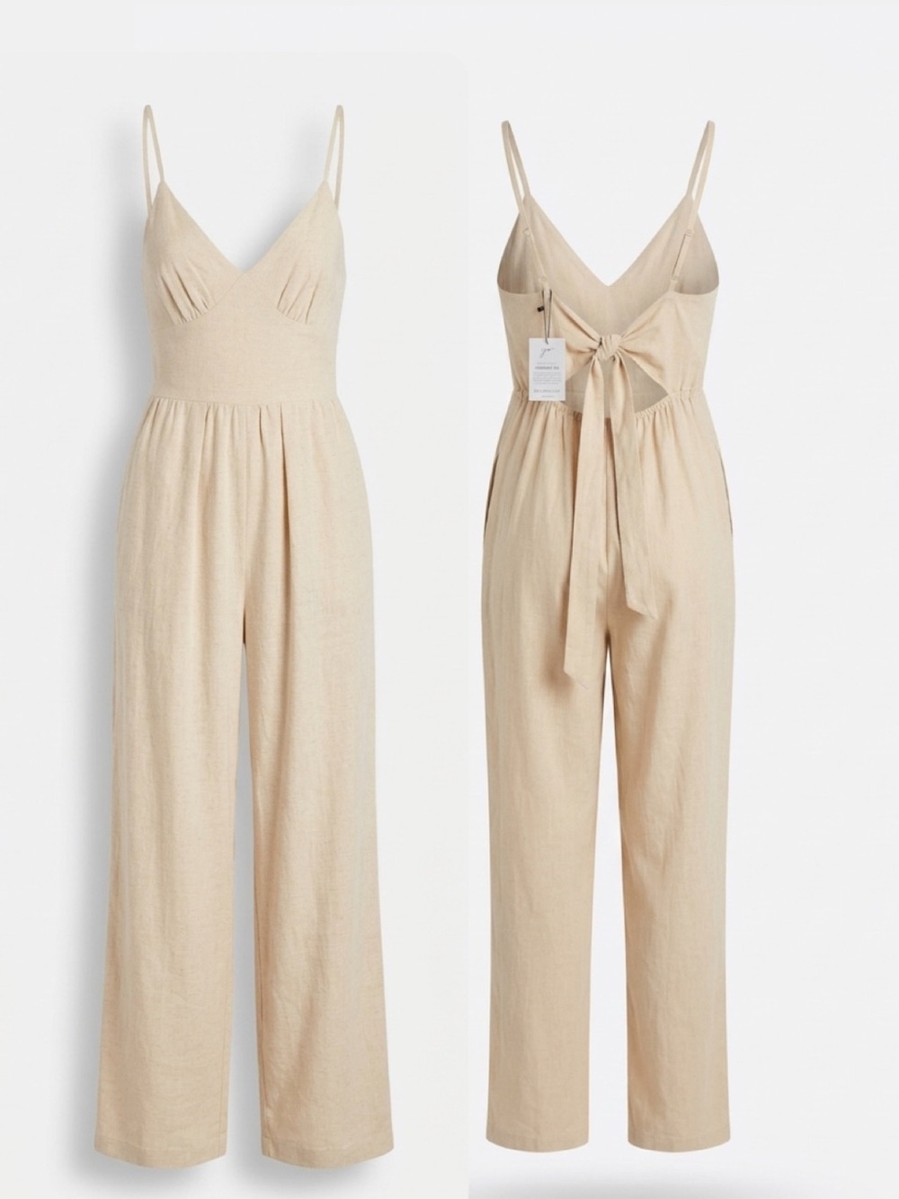 Japna Linen-Blend Spaghetti Strap Wide-Leg Jumpsuit in Beige